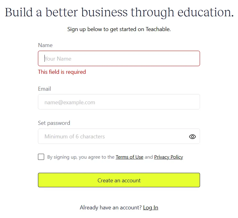 Sign up for Teachable